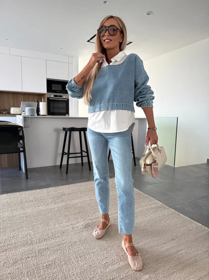 ELENA - BLUSA DENIM DE EFECTO SUPERPUESTO